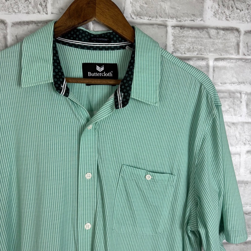 Buttercloth Icy Cotton Mint Green Striped Short Sleeve Shirt Mens XL Regular Fit
